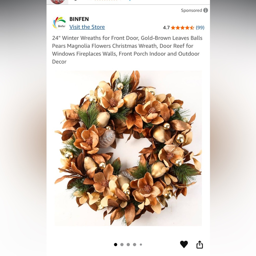Binfen : Gold and Brown Magnolia Flower Wreath 24” Brand New for Fall or Xmas